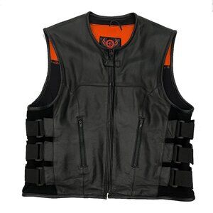 True Element Mens Bike Black Swat Team Style Motorcycle Leather Vest Mens 2XL 2X